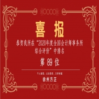 全國會計師事務(wù)所綜合評價排名公布，我公司位列89名！